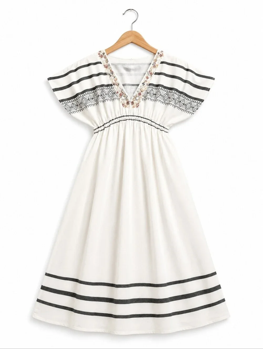 Zara 100% Cotton White Dress with Black Stripes and Embroidered Accents - Picture 1 of 5